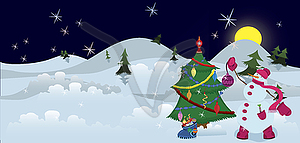 Snowman is decorating Christmas tree banner - vector EPS clipart