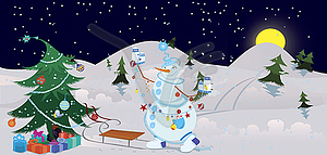 Snowman is decorating Christmas tree banner - vector clipart