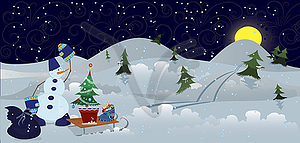 Snowman with bag and sleds banner - vector image