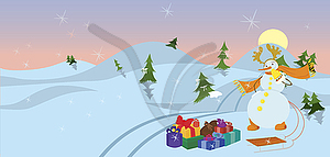 Snowman with sled in motning - vector clip art
