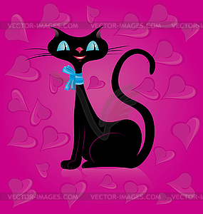 Black cat and hearts - vector clipart