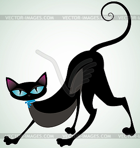 Black cat with blue ribbon - vector image