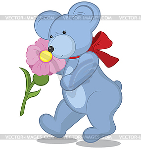 Blue Teddy bear with flower - vector clip art