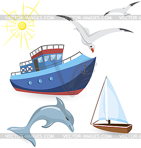 Boats, dolphin, seagulls - vector clipart