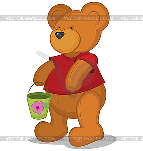 Teddy bear with pail in red T-short - vector clip art