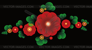 Украшение красные цветки и листья - векторизованное изображение клипарта