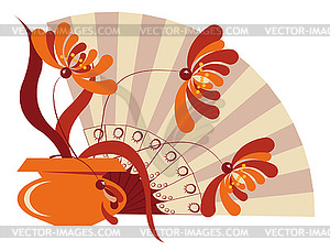 Chrysanthemums in orange vase and fans - vector clip art