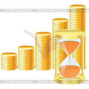 Money icon with hourglass and coins - vector clipart