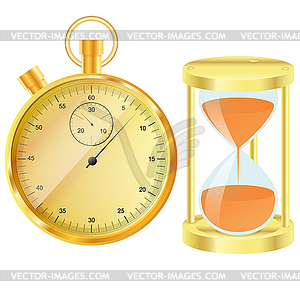 Gold stopwatch and hourglass - vector image