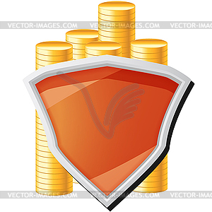 Money icon with shield and coins - vector clip art