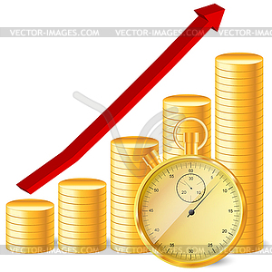 Stopwatch with coins and arrow - vector clipart