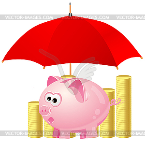 Piggy-bank and money under red umbrella - vector clip art