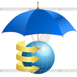 Globe under umbrella concept of defense of - vector clipart
