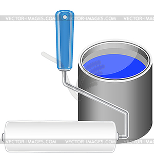 Paint roller and bucket with blue paint - vector clipart