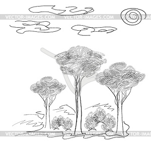 Graphic landscape, trees and bushes - vector clipart