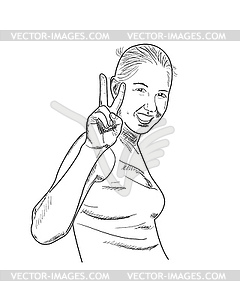 Happy girl shows peace gesture - vector clipart / vector image