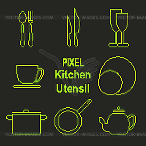 Pixel art outline kitchen utensil icons - vector clip art