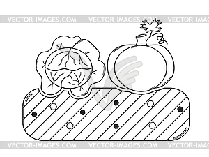 Thin line gardening bed with vegetables - vector clip art