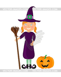 Маленькая ведьма, девушка в Хеллоуин костюм - векторное изображение клипарта