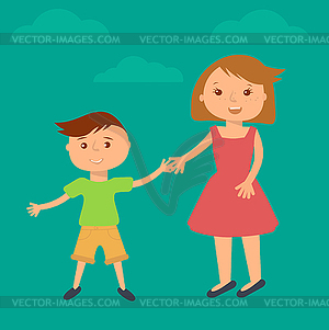 Happy family . Brother and sister portrait in flat - vector image