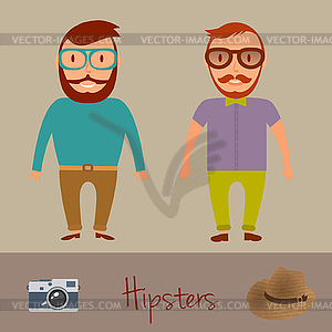 Hipsters character design. Two hipster style young - vector clip art