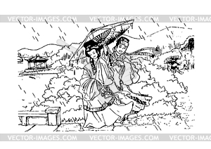 Black and white drawing with Japanese motifs on - vector clip art