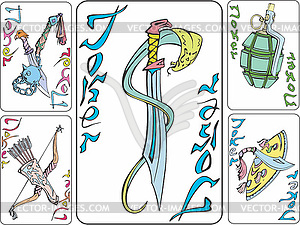 Set of playing joker cards with weapon - vector image