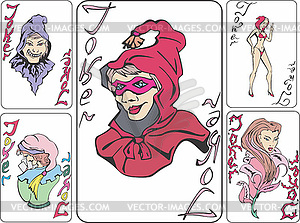 Set of playing cards with jokers as witches - color vector clipart