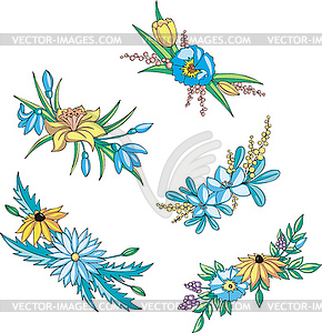 Miscellaneous blue and yellow flowers for ornaments - vector image