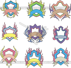 Stylized shields with motto ribbons - vector image