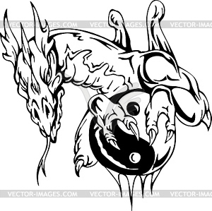 Dragon tattoo with yin-yang sign - white & black vector clipart