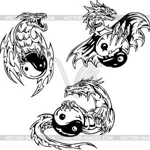 Dragon tattoos with yin-yang signs - vector image