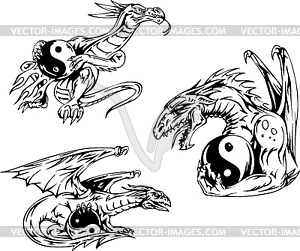 Dragon tattoos with yin-yang signs - vector clipart