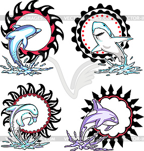 Totems - sea animals with solar signs - vector clip art