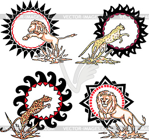 Totems - lions and leopards with solar signs - vector clip art