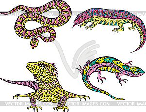 Stylized motley snake and lizards - stock vector clipart