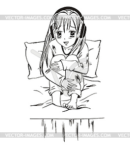 Аниме девушка в наушниках, сидя на кровати - иллюстрация в векторном формате