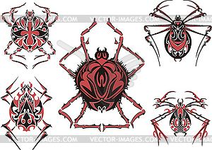 Black and red symmetric spider tattoos - vector clip art