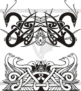 Stylized symmetric knot vignettes with birds - vector image