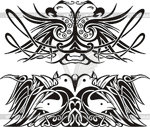 Stylized symmetric vignettes with birds - vector clipart