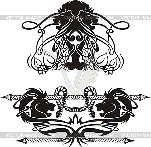 Stylized symmetric vignettes with lions - vector image