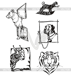 Sketches of animals - dogs and wild cats - vector clipart