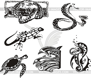 Эскизы пресмыкающихся и морских животных - изображение в векторном формате