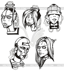 Heads of female cyborgs - vector clipart