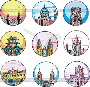 Декоративные храмы и башни - изображение в векторном формате