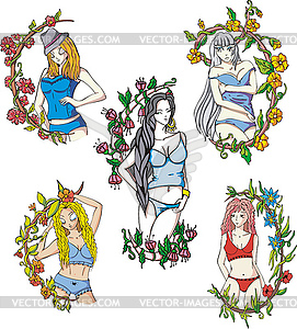 Elegant girls in flowers - vector clipart