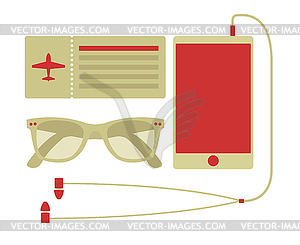 Летние путешествия набор смартфона, билета на самолет, - векторное изображение