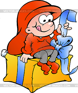 Hand-drawn elf sitting on gift - vector clip art