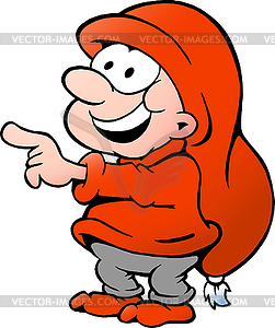 Hand-drawn an happy elf standing and pointing - vector clip art