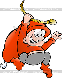 Hand-drawn elf swinging on rope - vector image